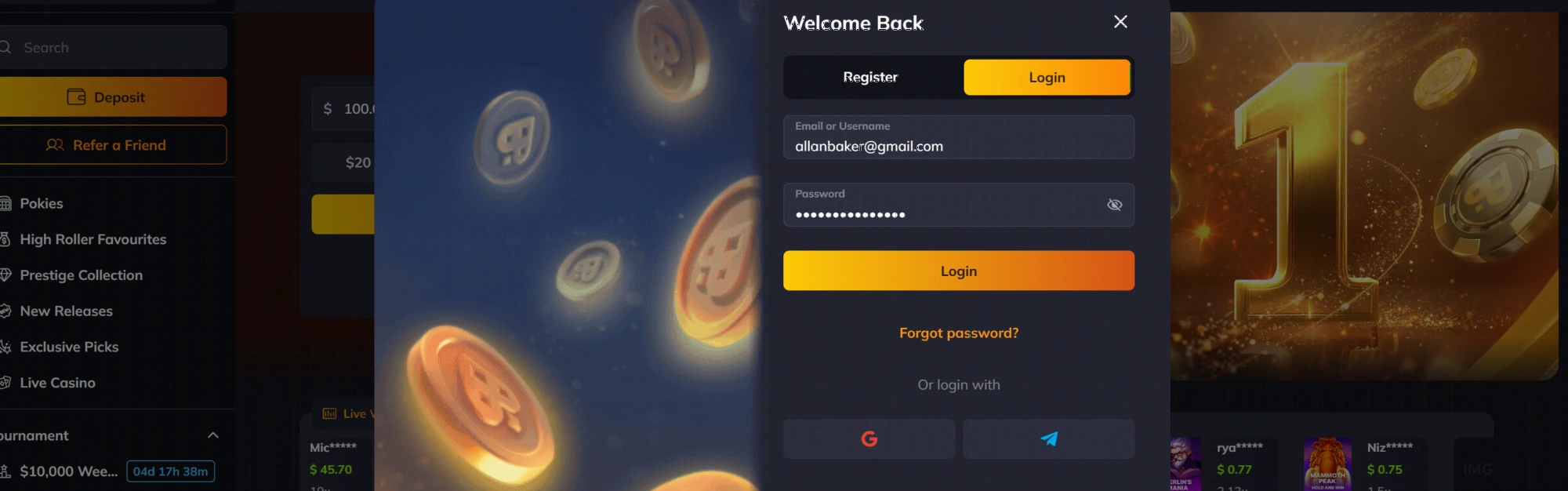 VegaStars Casino login and registration page